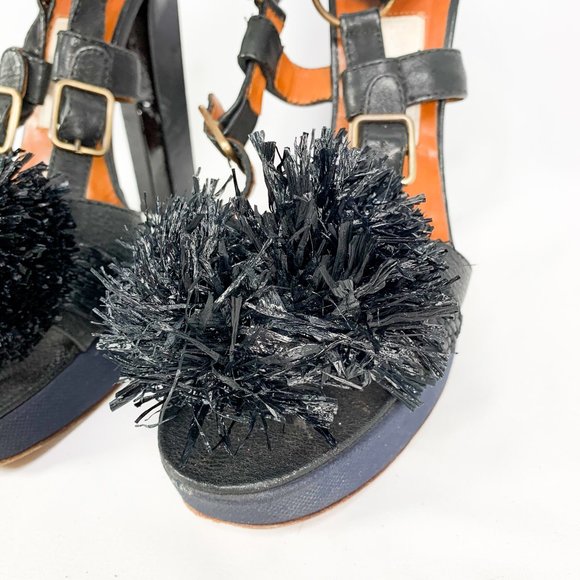 LANVIN Black Lametta Peep Toe Buckle Sandal Pumps - Picture 6 of 11